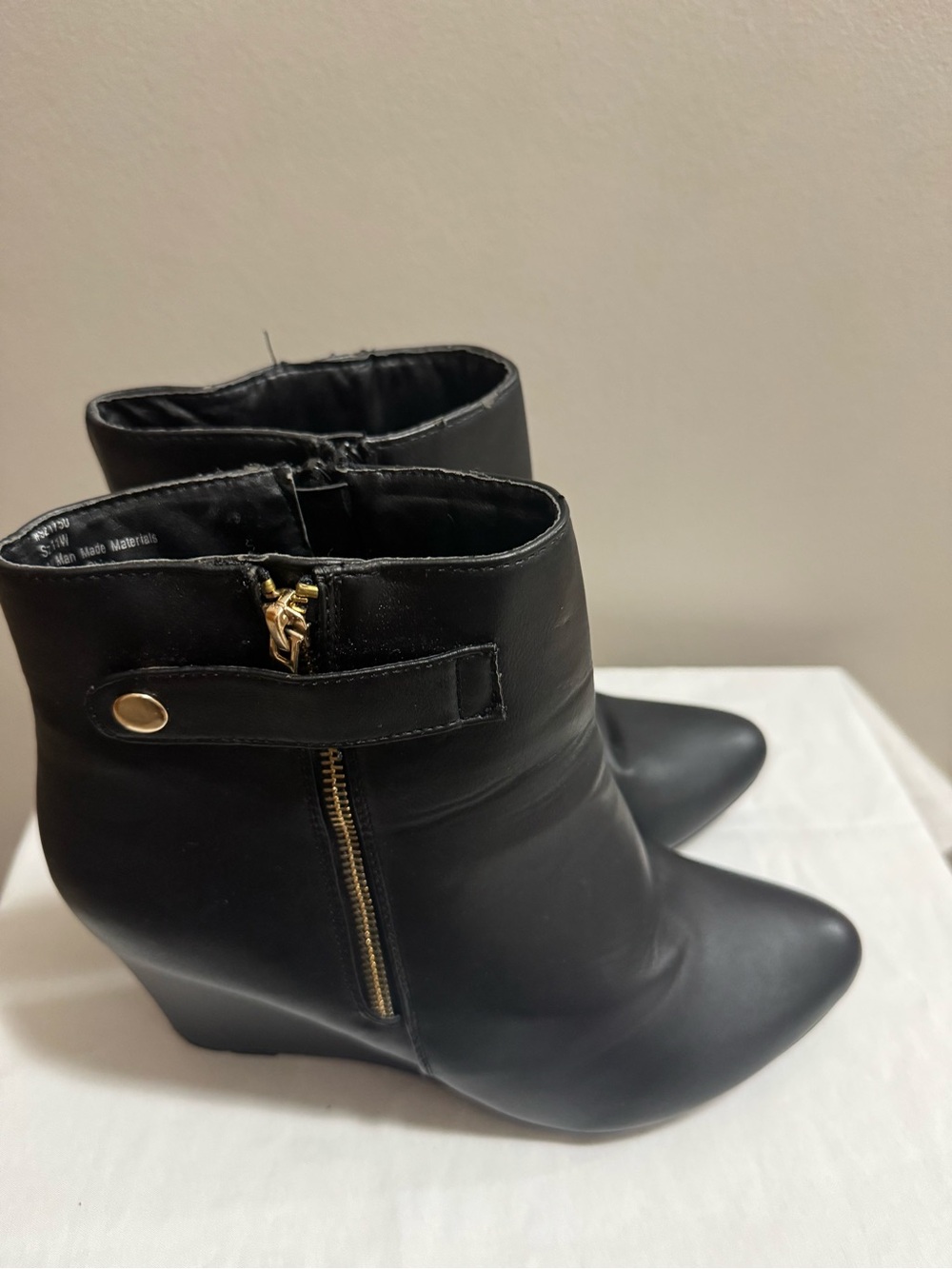 Black Wedge Ankle Boots with Side Zip – Size 11W